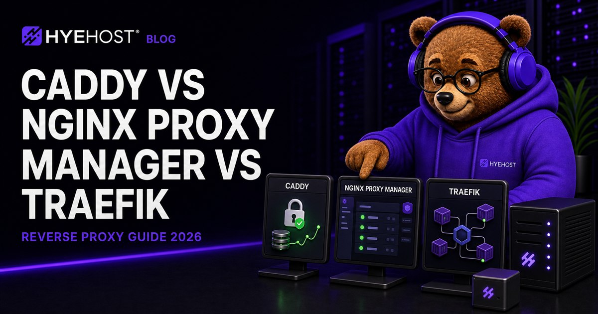 HYEHOST mascot comparing Caddy, Nginx Proxy Manager and Traefik reverse proxies