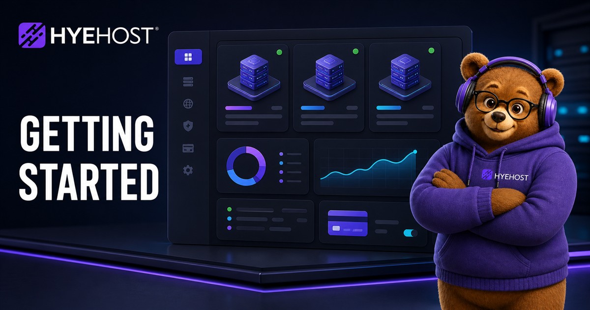 HYEHOST panel getting started guide with dashboard cards for VPS billing networking support and security