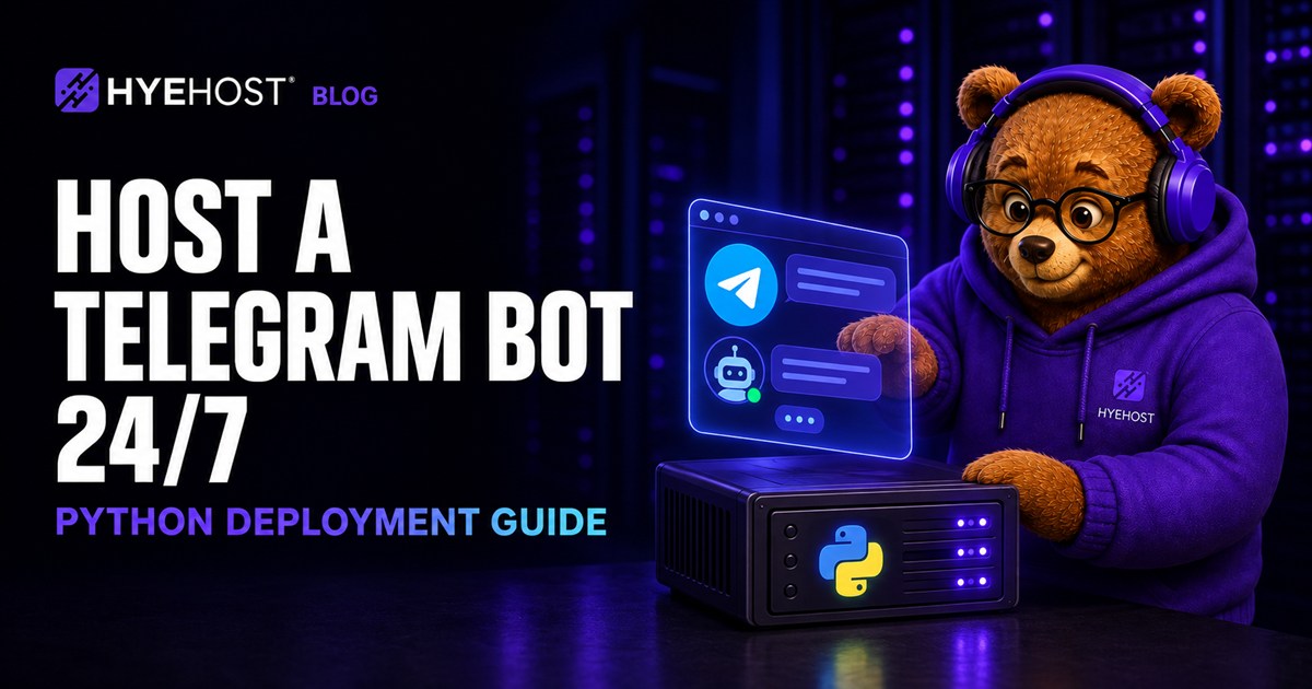 HYEHOST bear mascot running a Python Telegram bot beside a server and blue chat panel