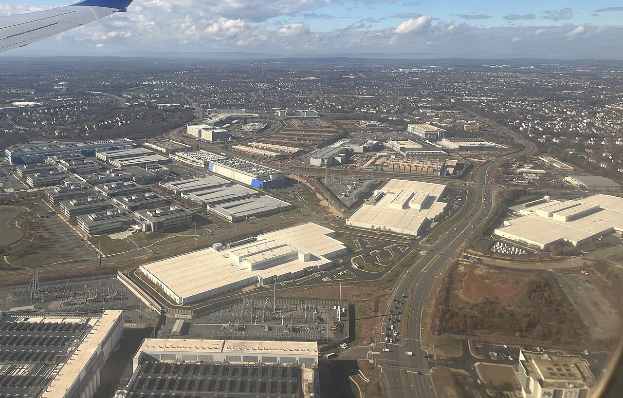 Real aerial photograph of datacentres and commercial buildings near Ashburn in Loudoun County, Virginia